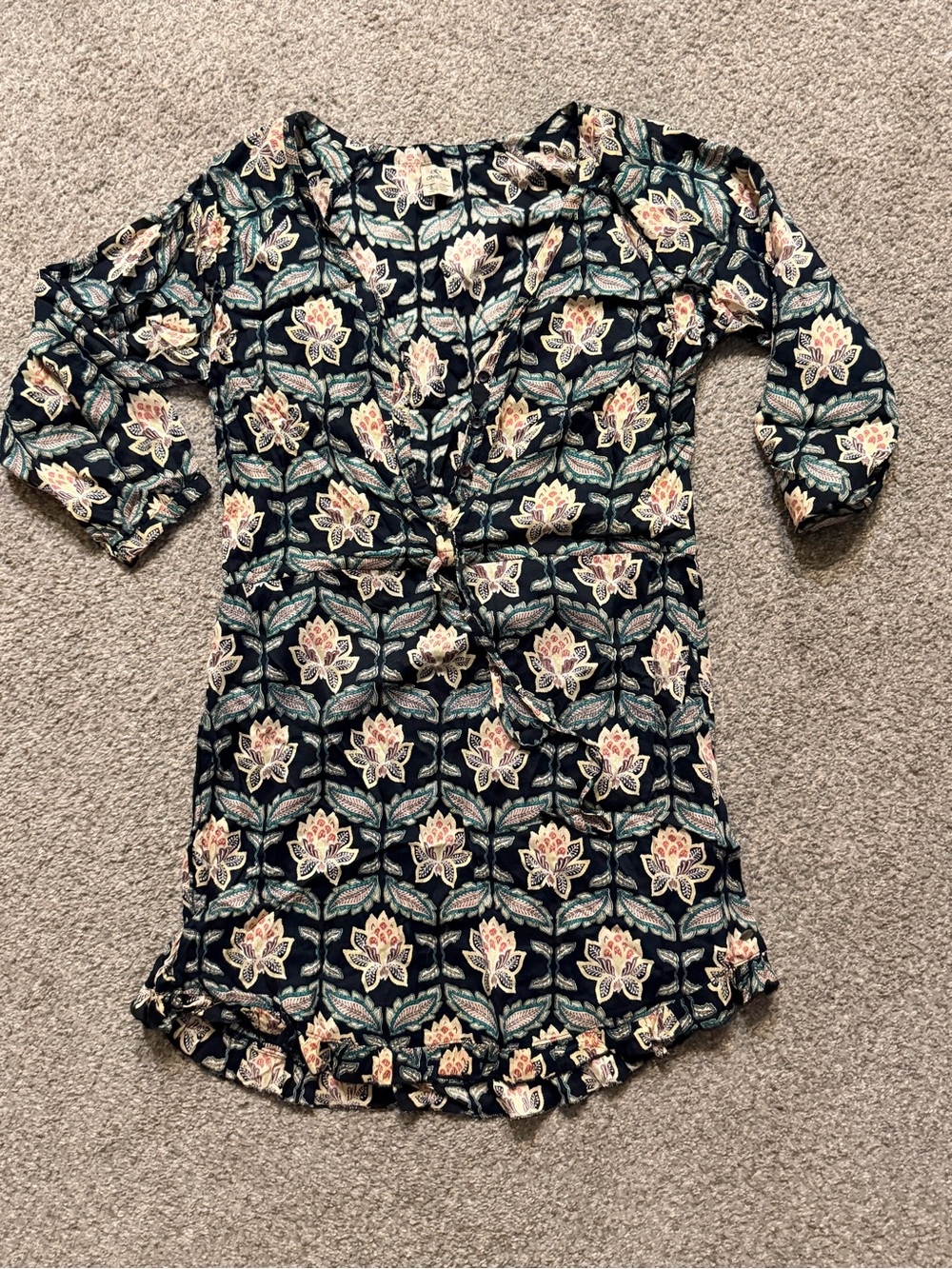 O'Neill Navy Floral Wrap Midi Dress with Cream and Green Accents